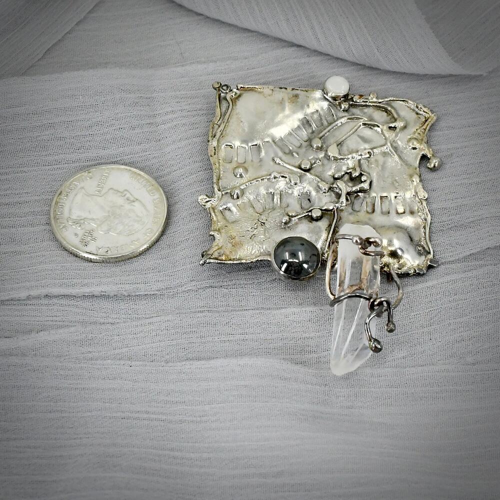Cathleen McLain Vintage Sterling Quartz Crystal Hematite Brutalist Brooch Pin